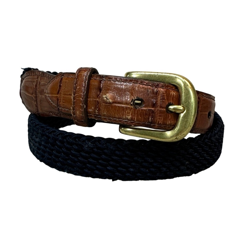 Brighton Mens Woven Cord Belt Navy Blue Brown Croc Leather Gold Buckle 34 USA